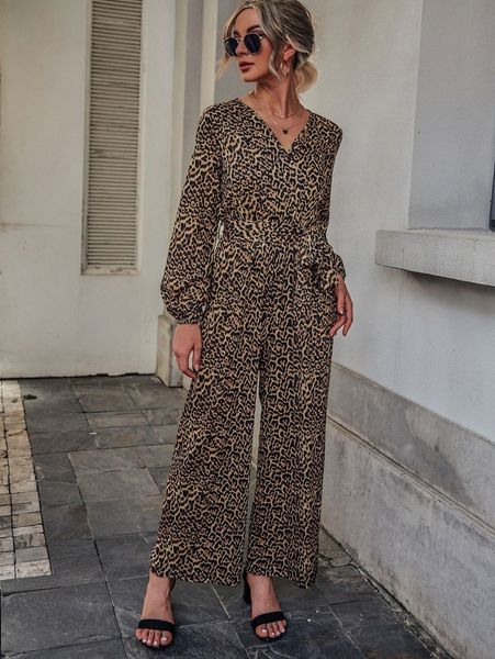 

leopard print lantern sleeve overlap collar belted jumpsuit g43h#, White