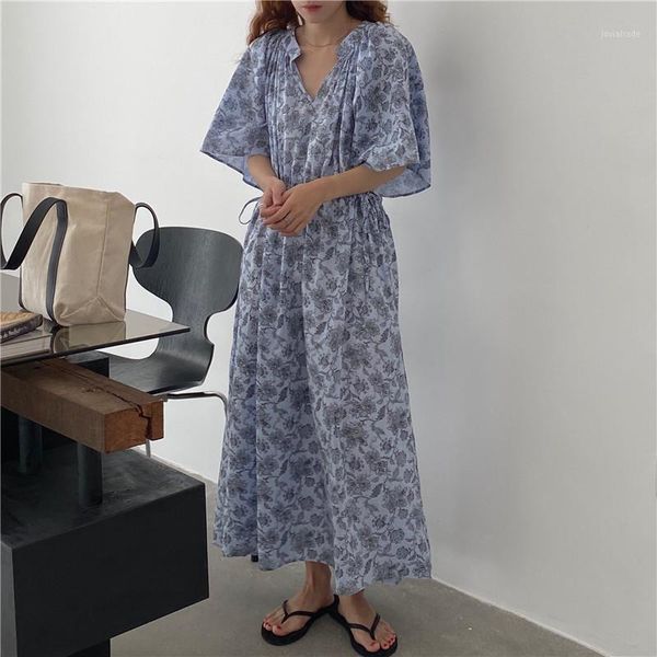 

casual dresses hzirip 2021 long dress for women elegant floral elastic waist v-neck gentle flesh loose high female office lady sweet girl1, Black;gray