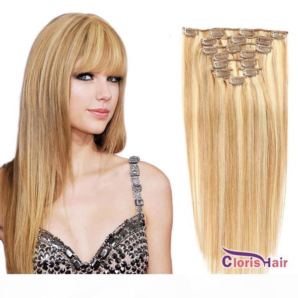 

thick end p18 613 hair extension clip ins straight brazilian remy real human hair clip in on weave 70g 100g set highlight blonde extensions, Black;brown