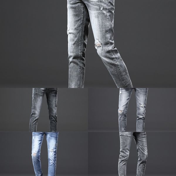 

str7p lp8 summer new men's korean style jeans men's pants leggings tight slim-fit jeans tight 2020 mid-waist split pants for teena, Blue