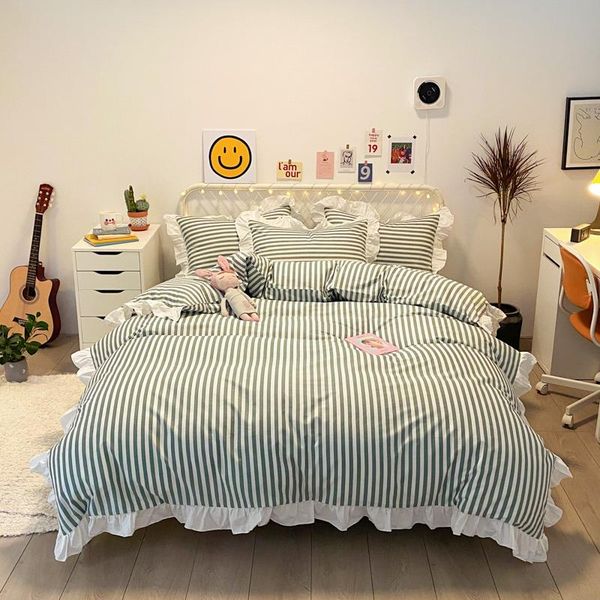 

4 pieces green and white stripes duvet cover set lovely ruffle quilt covers pillowcases  size bedding sets full bed sheets