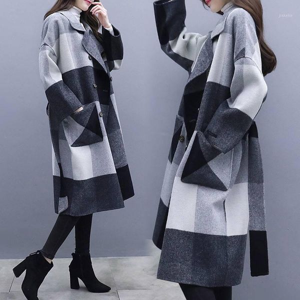 

plaid trench coat for women double breasted long cardiganthickened overcoat casual women clothes 2019 windbreaker ladies coat1, Tan;black