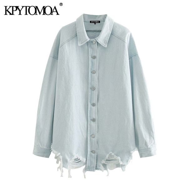 

kpytomoa women 2020 fashion oversized ripped denim jacket coat vintage long sleeve hole loose female outerwear chic x1016, Black;brown