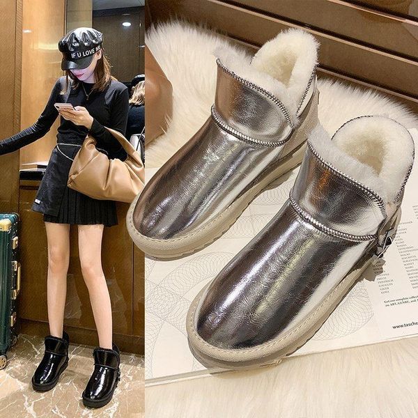 

student snow boots women winter plus velvet warm boots pu shiny fashion low casual wear-resistant nonslip flat, Black