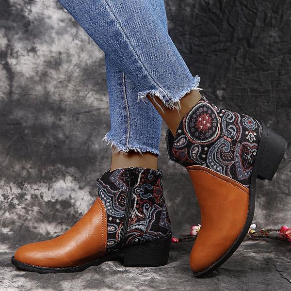 

embroidered ankle boots leather women shoes 2020 ladies fashion low heels zipper platform short boots black brown winter shoes