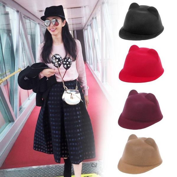 

new winter women girl wool devil hat cute kitty ears bowler cap, Blue;gray