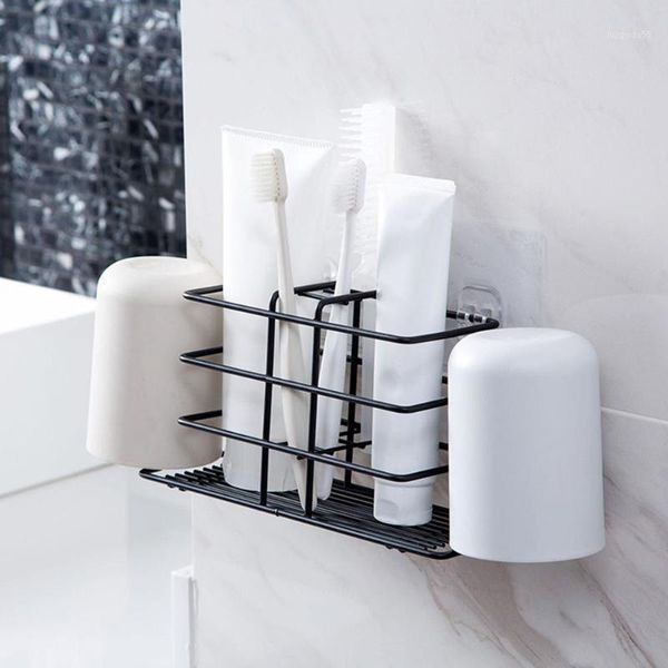 

toothbrush holder storage rack durable firm adhesive toiletry shelf wall mounted wrought iron container bathroom accessories1