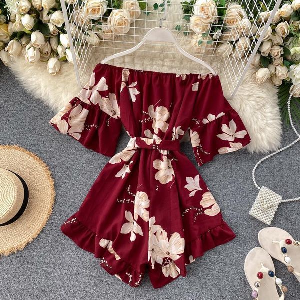 

women floral ruffle rompers summer off shoulder overalls vintage bohemian slash neck chiffon print short pants jumpsuit, Black;white