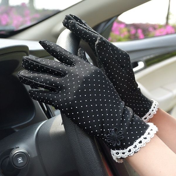 

summer sunscreen gloves female breathable thin short stretch spandex tight driving dance performance etiquette polka dot lace, Blue;gray