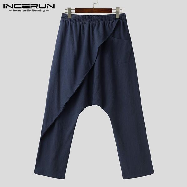 

men leisure drop crotch trousers incerun vintage solid color pants loose pocket harem pants mens cotton elastic pantalones s-5xl, Black