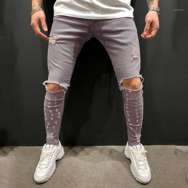 

casual male clothing hole mens designer jeans solid color skinney pencil pants stretch gray distrressed fashion, Blue