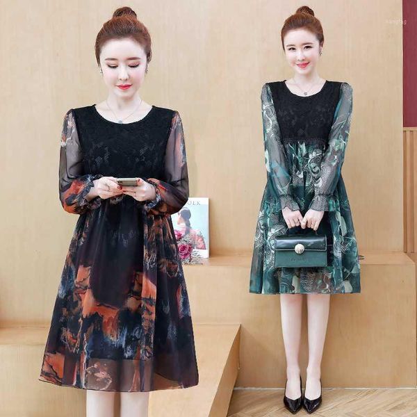 

plus size women chiffon dress elegant vintage long sleeve o neck lace patchwork print dress vestido loose casual party1, Black;gray