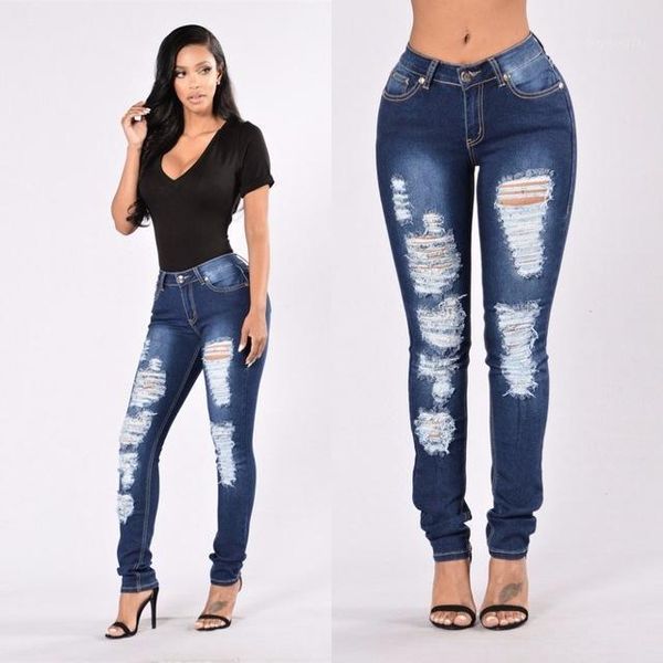 

women's jeans 2021 fashion ripped woman mid waist hole pencil cotton stretch bodycon skinny denim pants dark blue trousers1