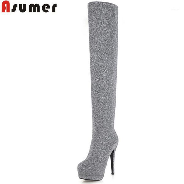 

boots asumer 2021 autumn winter round toe platform super high thin heels over the knee elegant ladies prom shoes1, Black