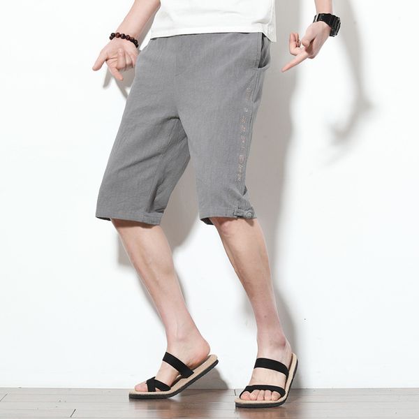 

men's casual shorts in summer of 2019 thin chinese style hemp loose capris embroidered large size pants, White;black
