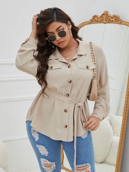 

plus flap detail belted blouse 13g3#, Black