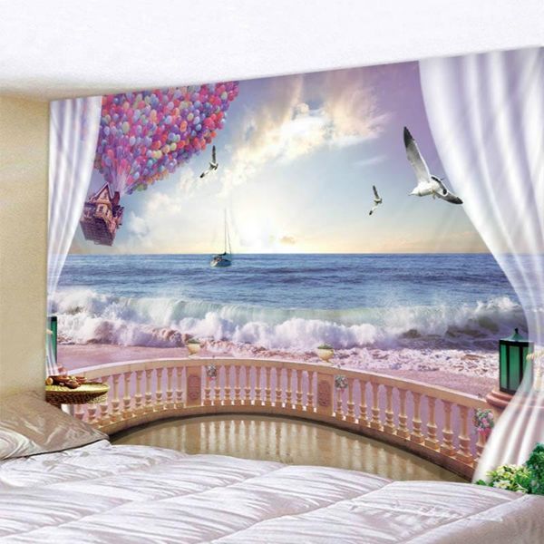 

tapestries s sea beach waves outside the window patten tapestry sandy picnic tower1