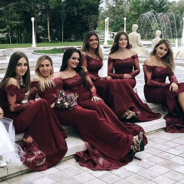 Burgundy Alças manga comprida Vestidos dama de honra Lace Chiffon Prom Dress Open Back casamento formal Visitante vestido da madrinha de casamento vestidos longos