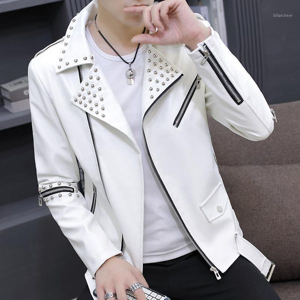 

new 2020 autumn leather cultivate one's morality men rivet tide handsome motorcycle jacket lapels1, Black