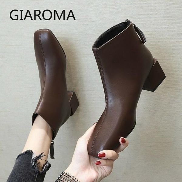 

boots women zip chunky heel ankle boots autumn ladies flock plush square high heels female casual fashion short shoes, Black