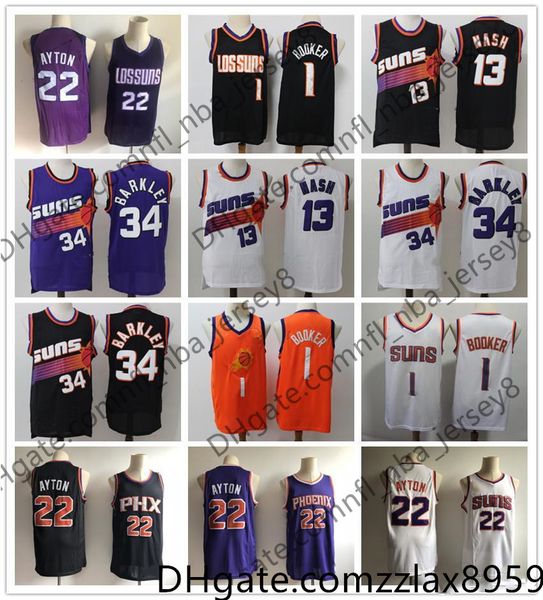 

mens phoenix nba suns throwback steve 13 nash charles 34 barkley devin 1 booker deandre 22 ayton basketball jersey red, Black;red