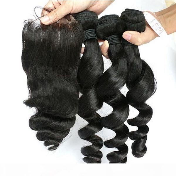 

loose wave hair malaysian human hair bundles with 1pc lace closure 4pcs hair lot natural color high quality, Black