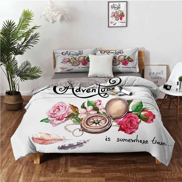 

vintage compass flowers retro feathers text travel concept in watercolorsbedding 3-piece set