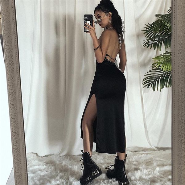 

seasons black fashion chain halter backless slit dress woman mujer summer solid midi dresses female asdr80529, Black;gray