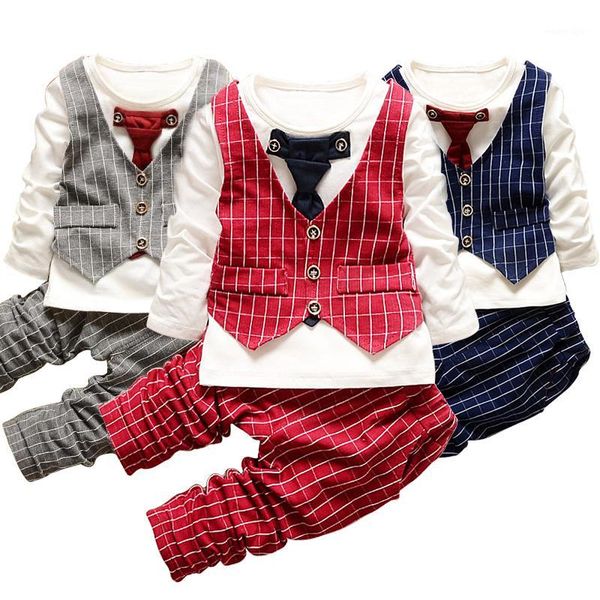 

clothing sets baby boy clothes cotton lattice printing two-piece children's gentleman suit tie vest casual suit1, White