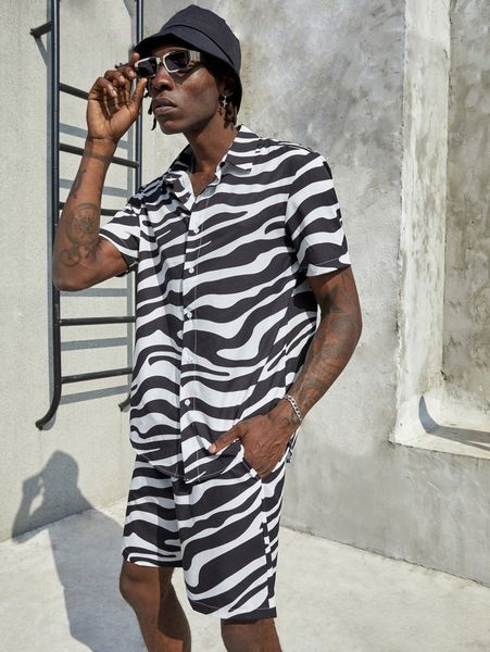 

men zebra striped shirt & drawstring waist shorts i2xt#, Gray