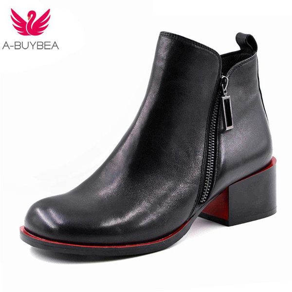 

women boots 2020 new fashion shoes woman genuine leather zip black ankle boots winter warm wool snow square heel