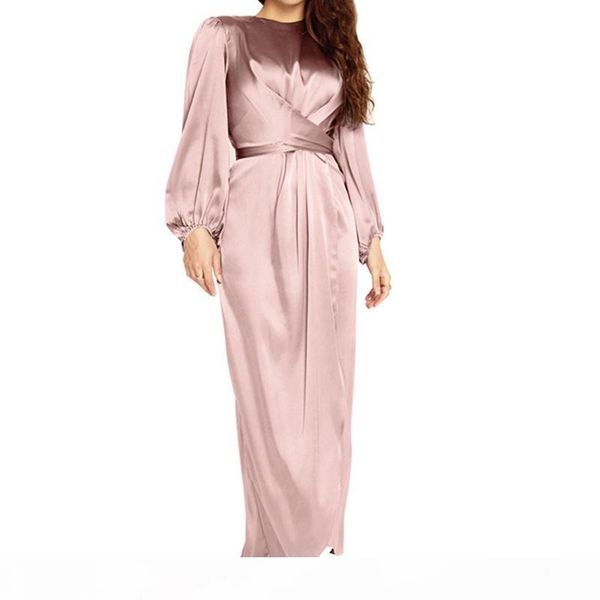 

women arab muslim satin puff long sleeve maxi dress solid color wrap front self-tie abaya dubai turkey hijab robe kaftan, Red