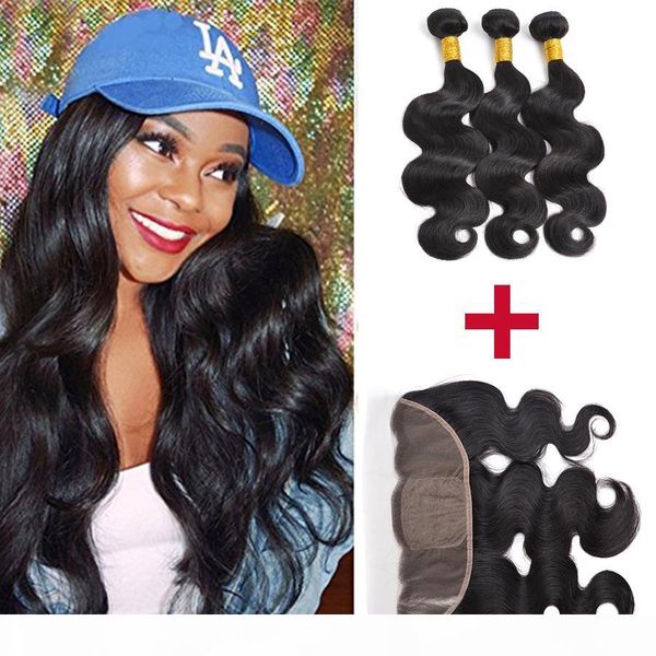 

malaysian brazilian virgin hair 13x4 full frontal lace closures and hair peruvian lace frontal bleached knots body wave with 3 bundles hair, Black;brown