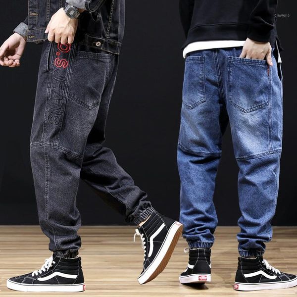 

fashion streetwear men jeans loose fit spliced cargo pants embroidery japanese vintage designer hip hop jeans men harem pants1, Blue