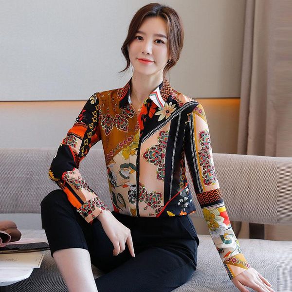 

women's blouses & shirts women fashion casual real silk 2021spring lady loose plus size long sleeve print blouse office elegant femmes, White