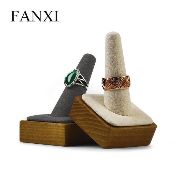 

fanxi solid wooden ring display holder with microfiber finger shape single ring stand jewelry exhibition, Pink;blue