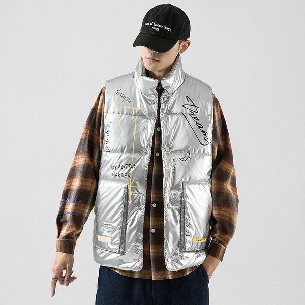 

new men's jacket sleeveless stand collar glossy pocket letter decor hip-hop personality style large size male coat, Black;brown