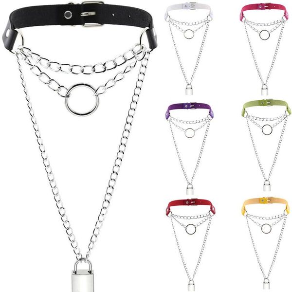 

diezi 16 colors gothic harajuku pu leather round lock key pendant necklace for women punk vintage choker necklaces anime jewelry, Golden;silver