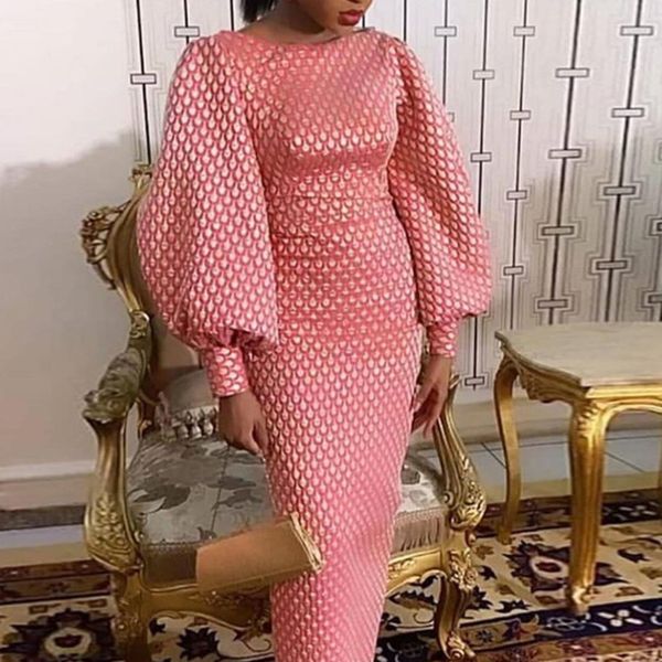 

african women vintage lantern sleeve dress pink print retro vestidos bodycon package hip autumn winter party dress long elegant lj201114, Black;gray