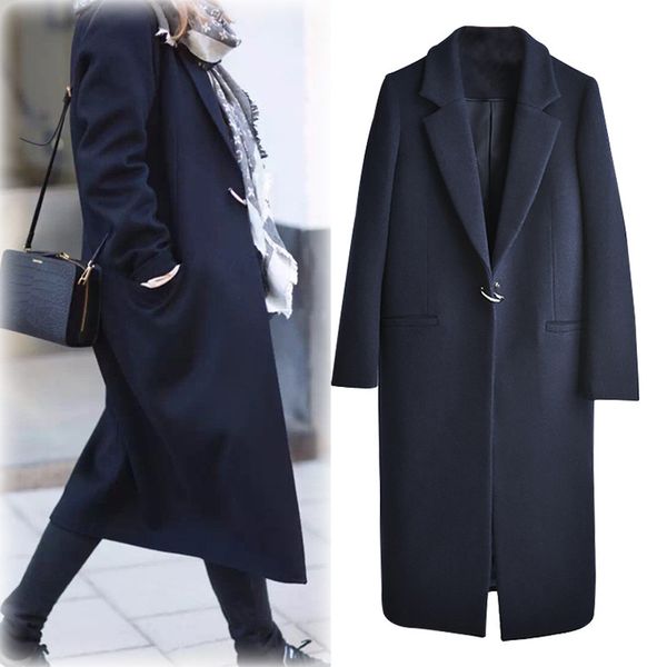 

2021 super long over-knee ny suit collar thick women's clothing coat street-wear wool blends jacket, Black