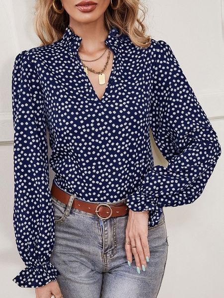 

ditsy floral print notch neck flounce sleeve blouse b0l5#, White