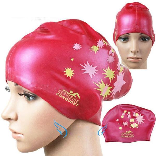 

women waterproof silicone swimming cap stars musical note prints comfortable protect ears long hair swim pool caps hat plus size wmtyce