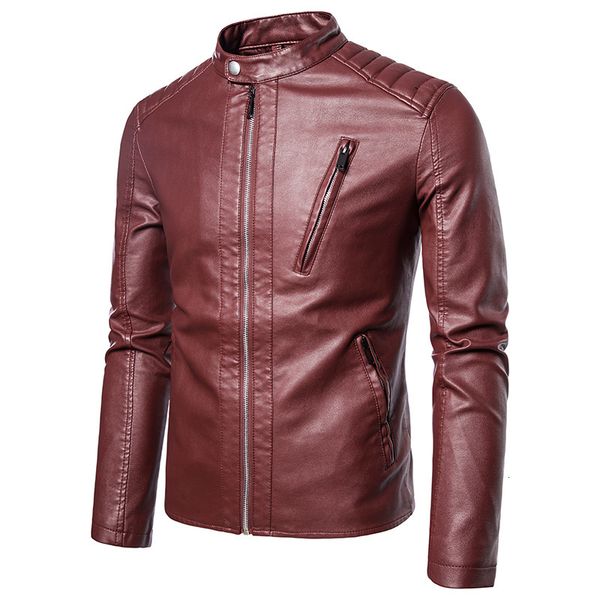 

2021 new autumn pu slim fit motor jacket leather fashion clothing men smart coat thin 4dpw, Black