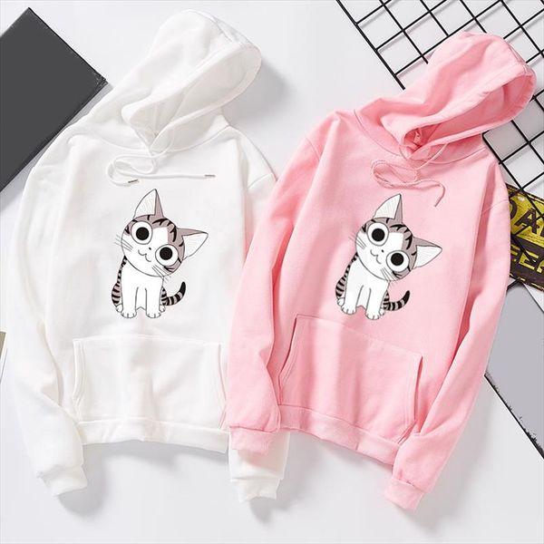 

oversized pocket couples sweatshirts women cartoon cat print hoodies womens pullover 2020 streetwear white hoody female ladies, Black
