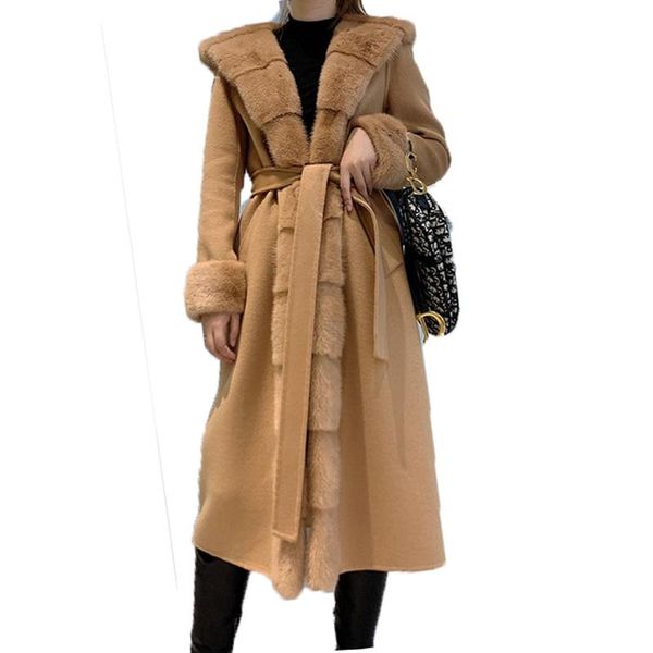 

women's fur & faux 2021 slim luxury female autumn long jackets with real collar trim wool cashmere winter coat women camel outwear, Black