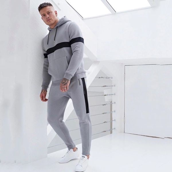 

2020 new fashion hooded men's sportswear casual long-sleeved pullover hoodie suit 2-piece set, Gray