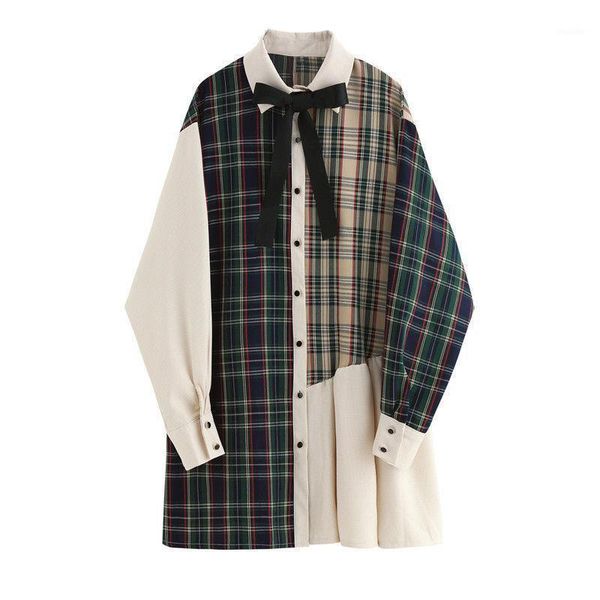 

women autumn plaid dress 2020 new bow patchwork loose waist button dresses woman vintage office ladies work dress1, Black;gray
