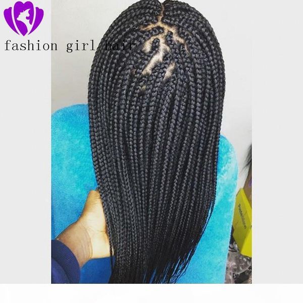 

long braided black heat resistant fiber synthetic hair wigs box braids middle part made hand for american women, Black;brown