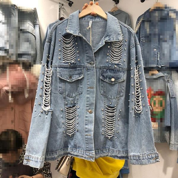 

2020 spring new korean-style hand-made pearl bead ripped distressed loose-fit jacket women's casual jacket jean coat1, Black;brown