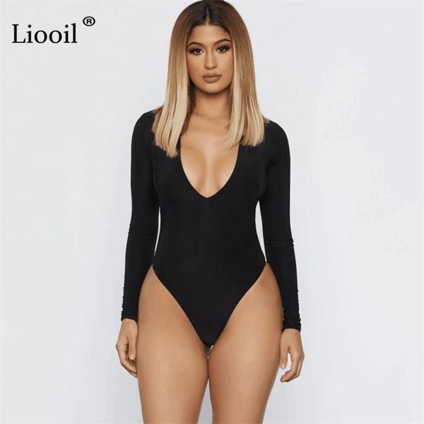 

liooil bodysuit black body suit for women long sleeve deep v neck party white rompers club wear bodycon jumpsuit y200904, Black;white